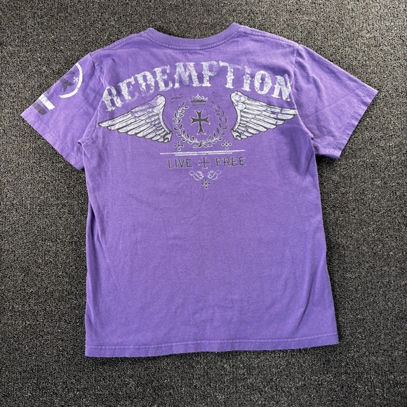 Vintage Y2K Raw State Premium Affliction Shirt Mens Small Purple Skull Wings - Picture 2 of 6